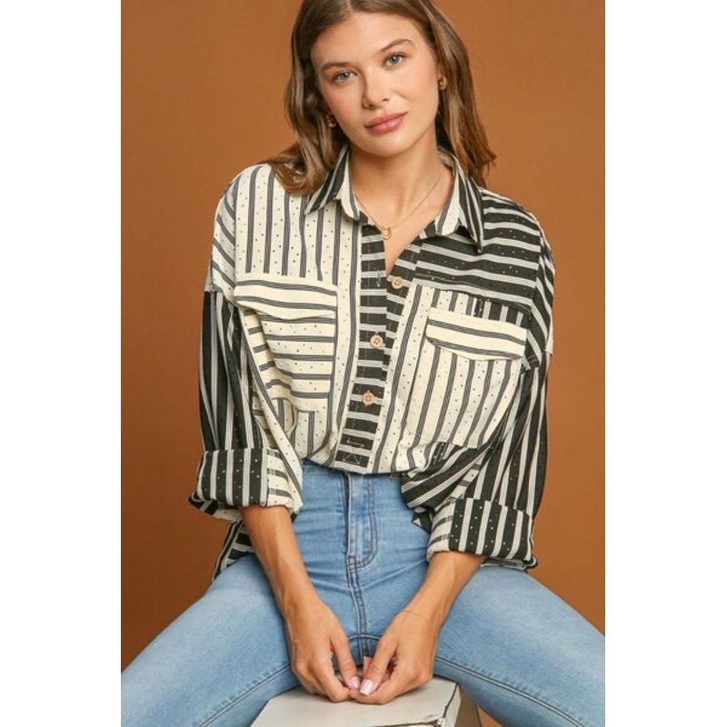 Pointelle Stripped Half Button Collared Neck Top Plus Size