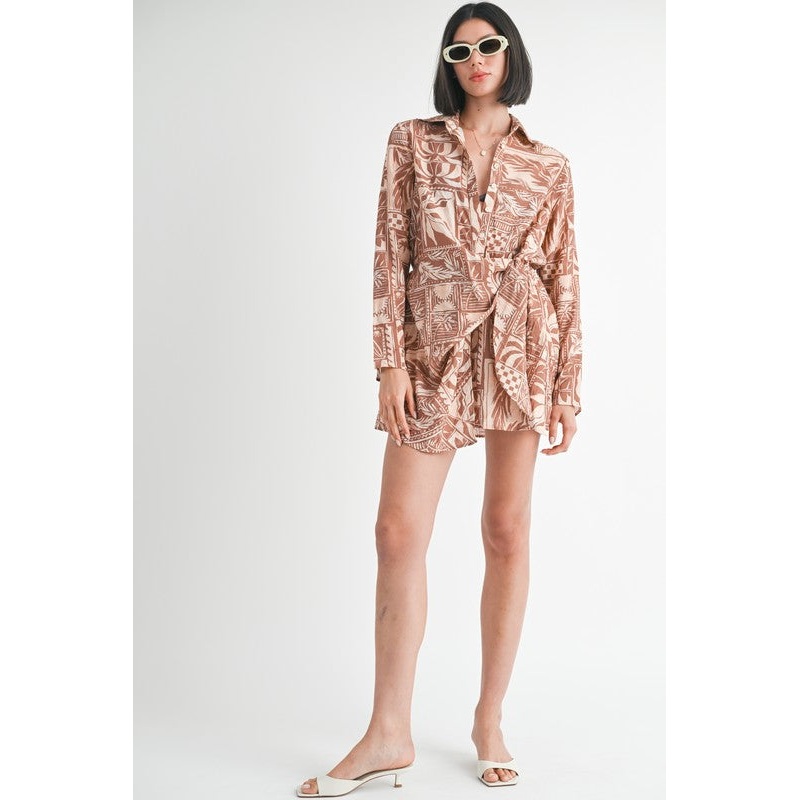 WRAPPED BUTTON UP MINI DRESS|BROWN TROPICAL PRINT|S|M|L