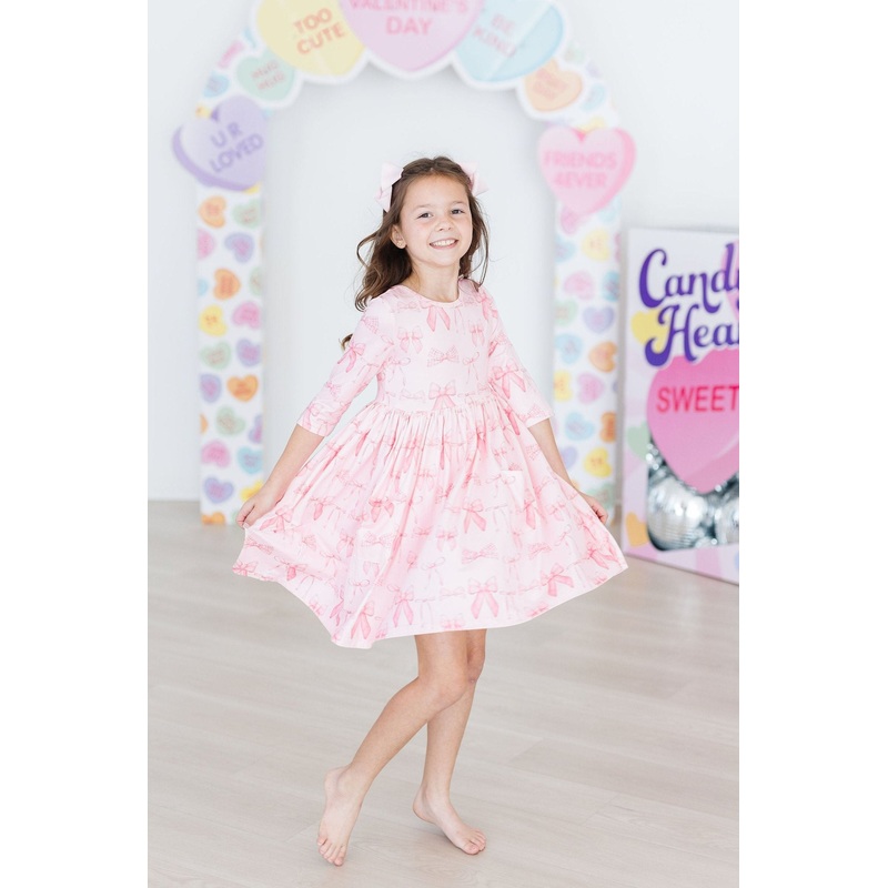 Blushing Bows 3/4 Sleeve Pocket Twirl Dress