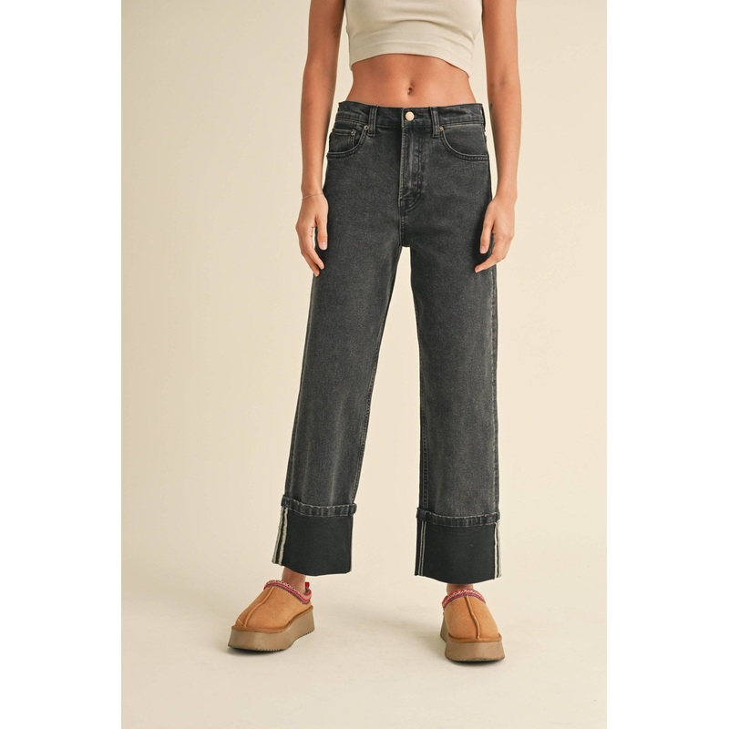 CUFFED BLACK DENIM PANTS|BLACK DENIM|S|M|L