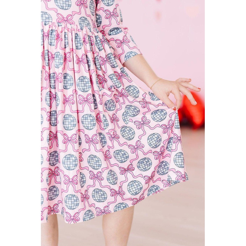 Disco Bows 3/4 Sleeve Pocket Twirl Dress