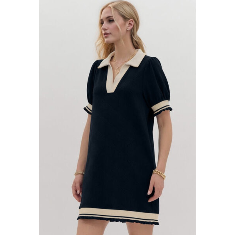 Frill Contrast Trim Johnny Collar Short Sleeve Mini Dress