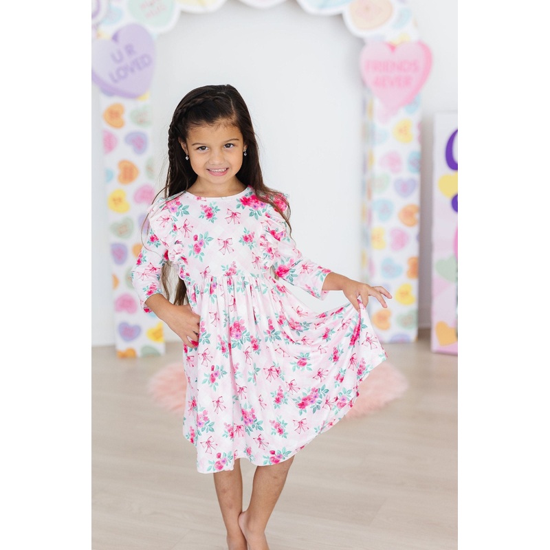 Gingham Bows 3/4 Sleeve Ruffle Twirl Dress