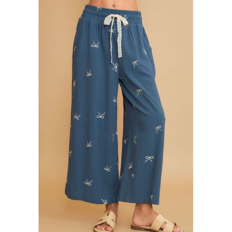 Lace Drawstring Embroidered Bow Wide Leg Pants Plus Size