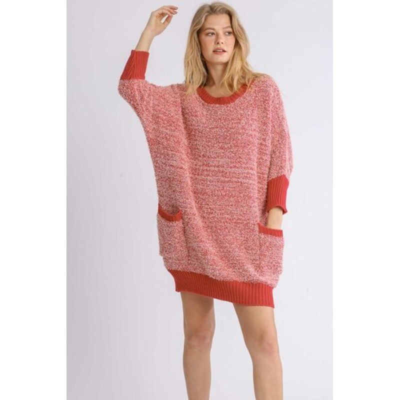 Ribbed Hem Round Neck 3/4 Sleeve Sweater Dress with Pockets Plus Size
