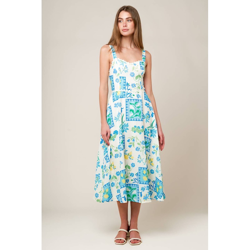 ON THE MOVE BLUE WOVEN MIDI DRESS