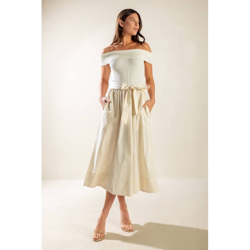 SOCIAL SEASON  OFF SHOULDER MIDI DRESS