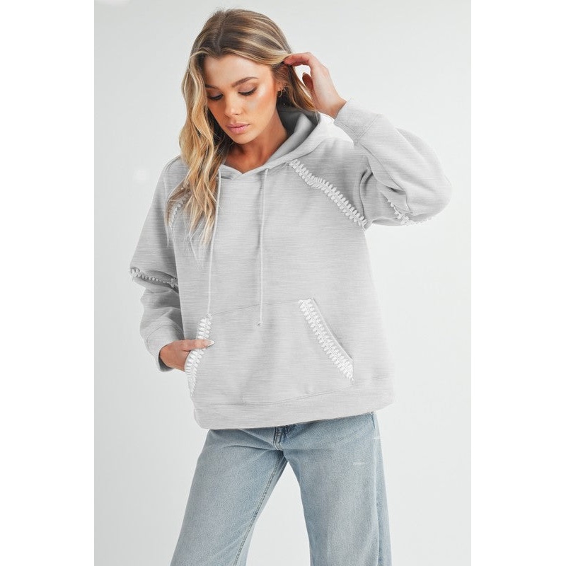 Lace Detail Drawstring Hoodie with Kangaroo Pocket