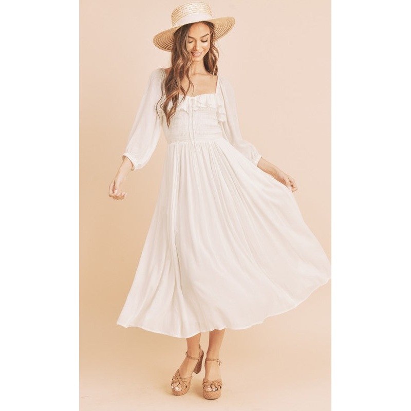 Ruffled Smocked Square Neck Balloon Sleeve Dress