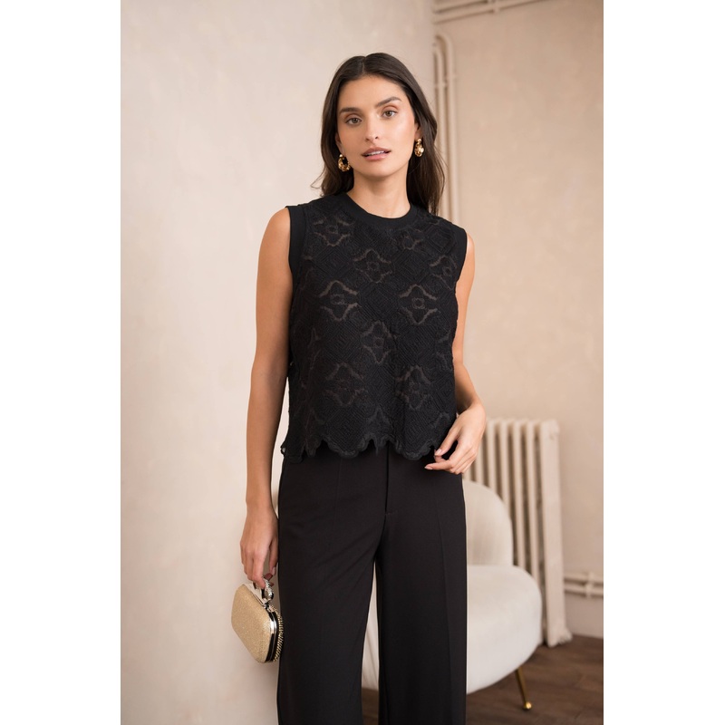 Semi-transparent embroidered lace top