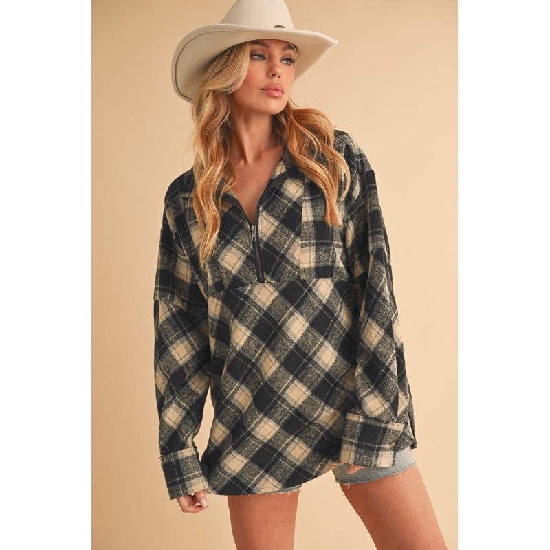 Slit Plaid Half Zip Drop Shoulder Top