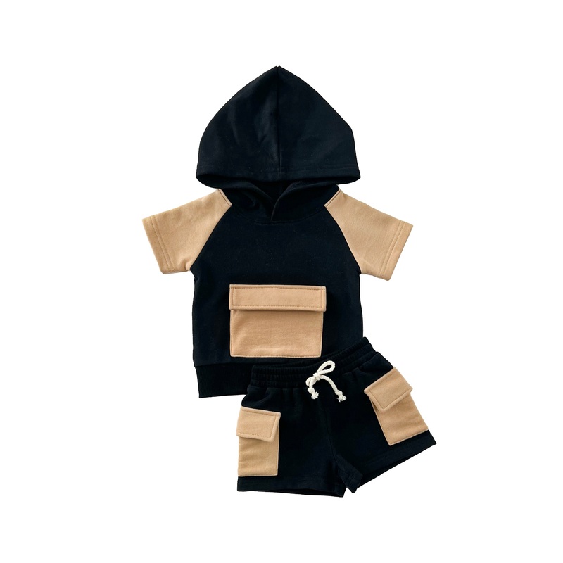 Terry Cargo Shorts Set | Black & Tan