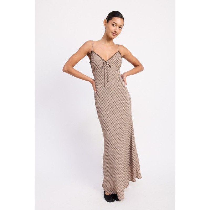 BIAS CUT FLARED MAXI DRESS WITH LACE TRIM