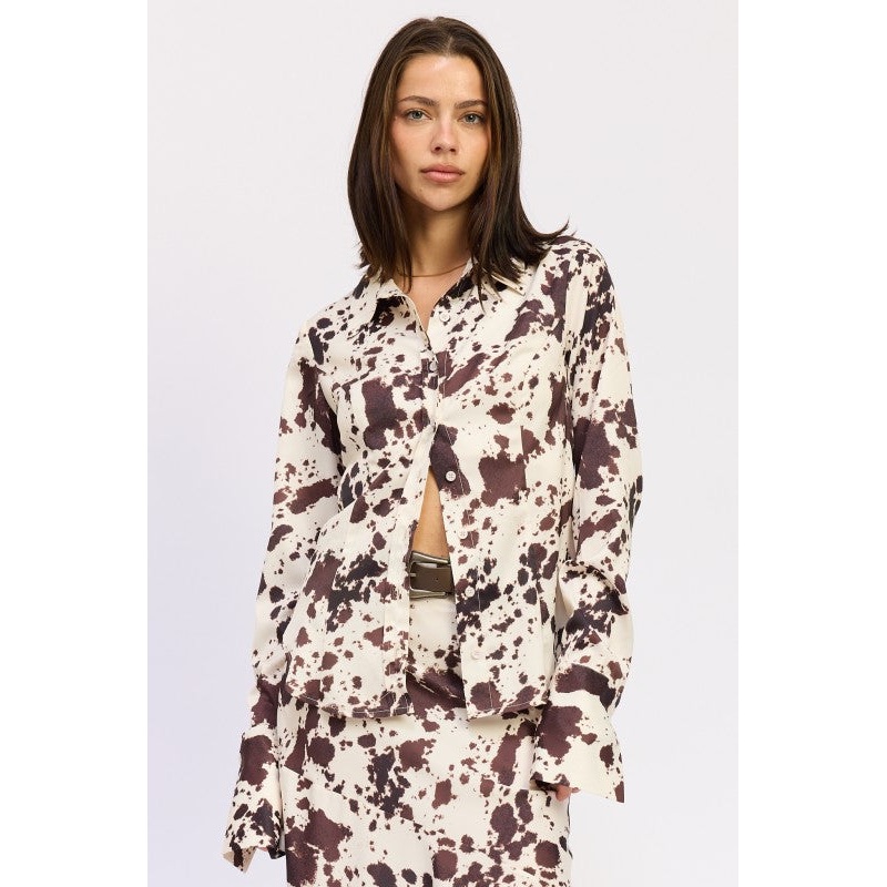 COW PRINTED SATIN SHIRT TOP|COW PRINT|S|M|L