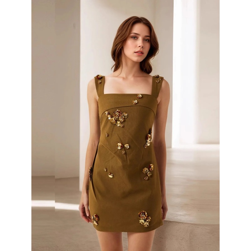 Square Neck Mini Dress|Brown|S|M|L|XL