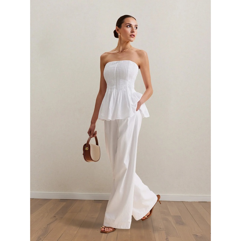 Strapless Peplum Top and Wide Leg Pants Set