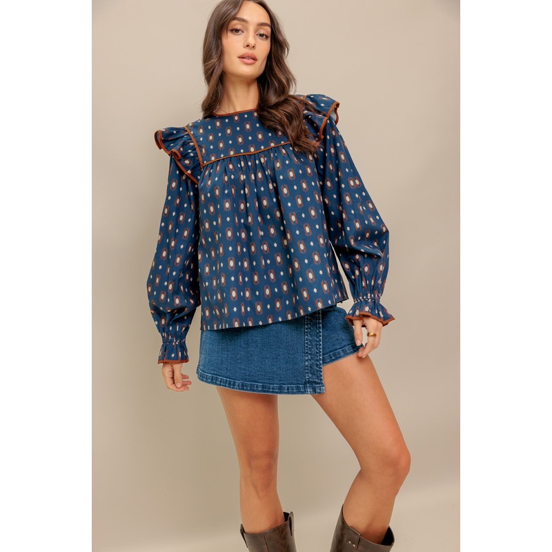 WESTERN CHARM  WOVEN TOP|NAVY|S|M|L