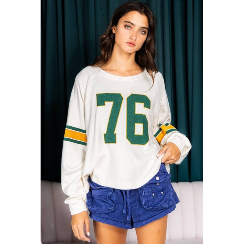 White Printed Retro Sporty Long Sleeve Top