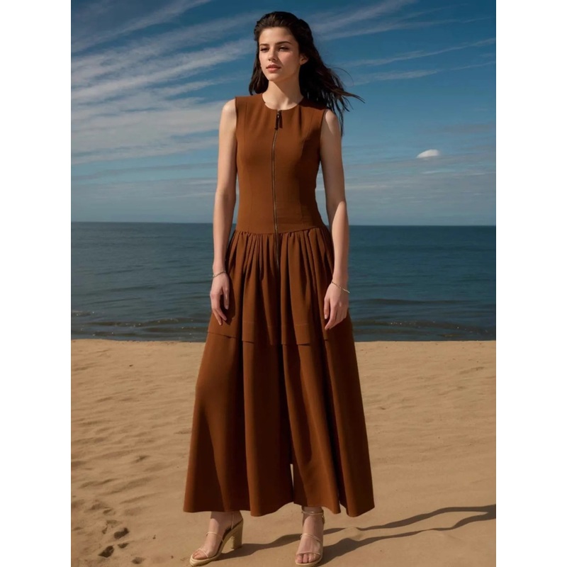 Zip Front Round Neck Sleeveless Dress