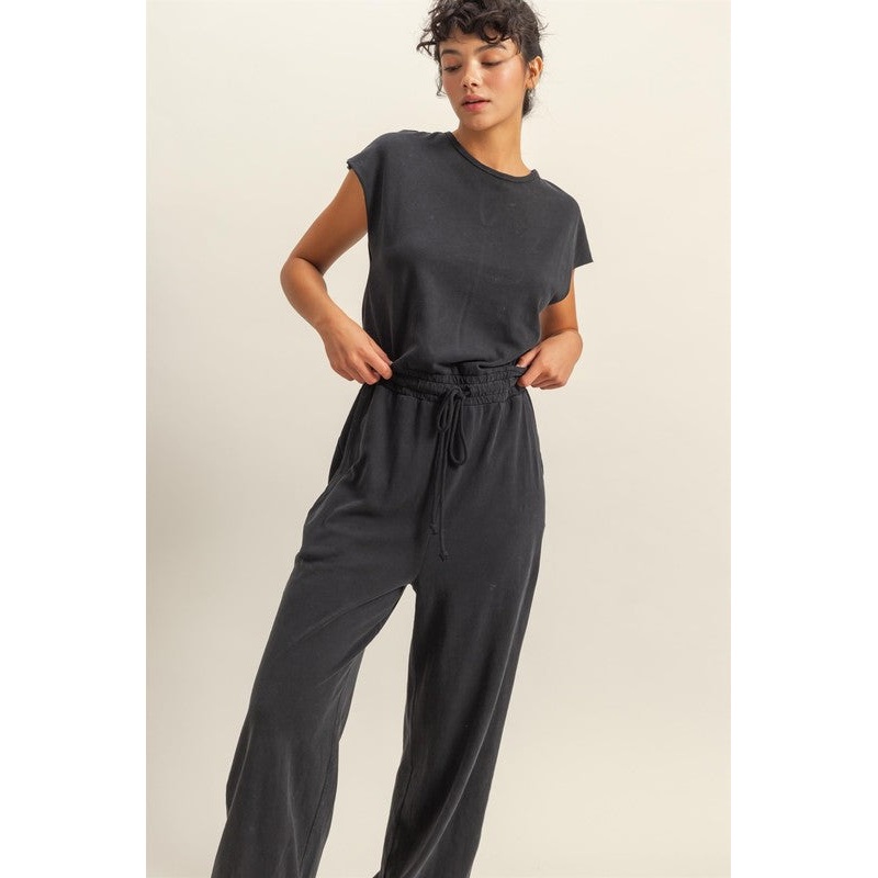 Back Keyhole Round Neck Cap Sleeve Drawstring Jumpsuit