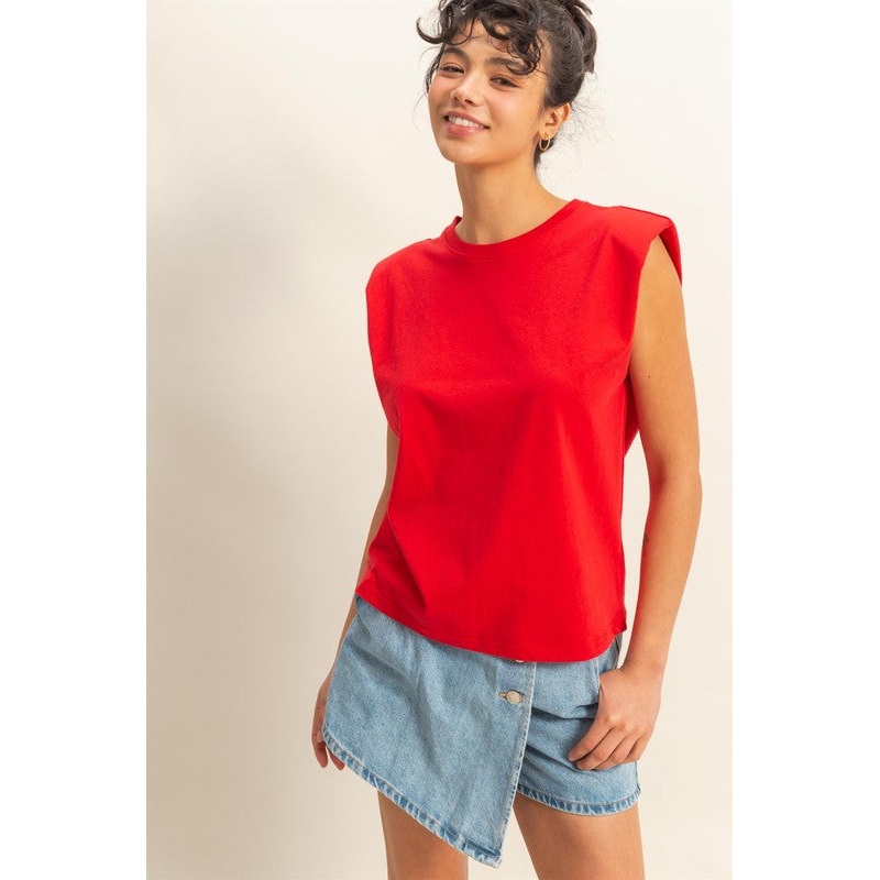Round Neck Shoulder Pad Sleeveless Top