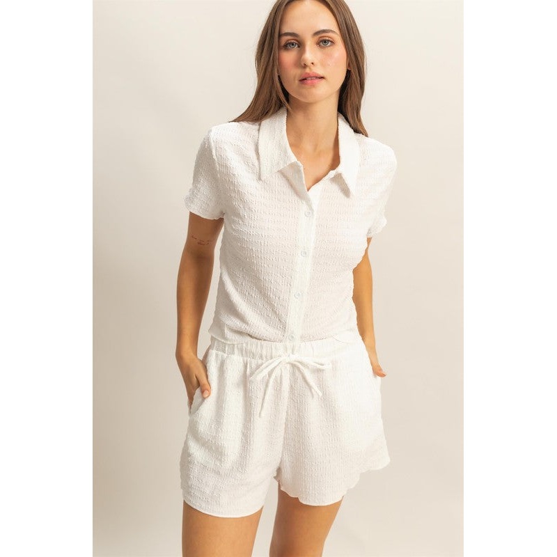 Textured Short Sleeve Top and Drawstring Shorts Knit Set