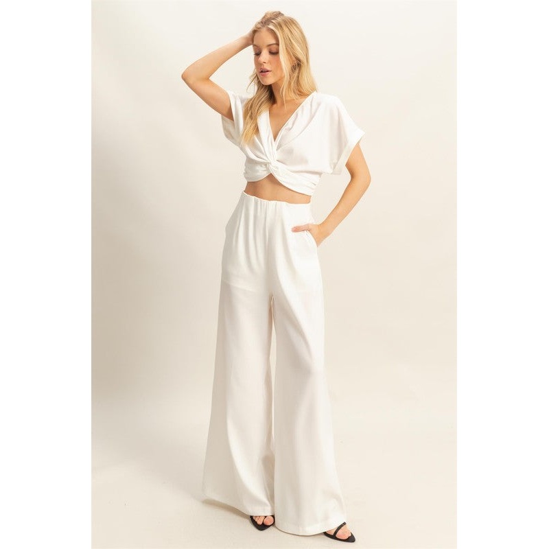 Twisted Front Short Sleeve Top and Wide Leg Pants Set