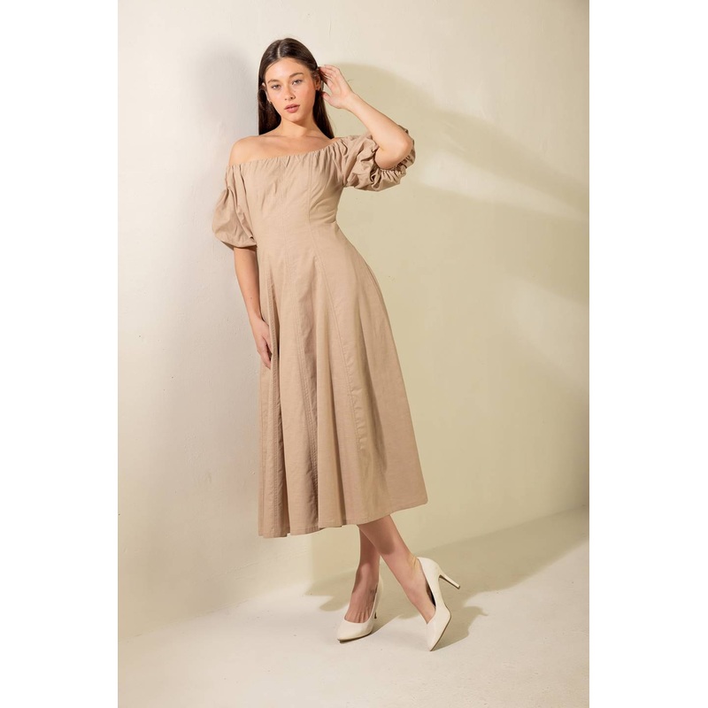 PROTECTING MY PEACE TAUPE WOVEN MIDI DRESS