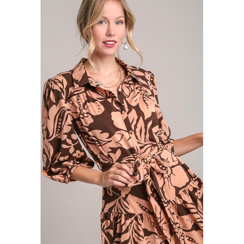 Two Tone Floral Print Puff Sleeve Tie Waist Dress Plus Size
