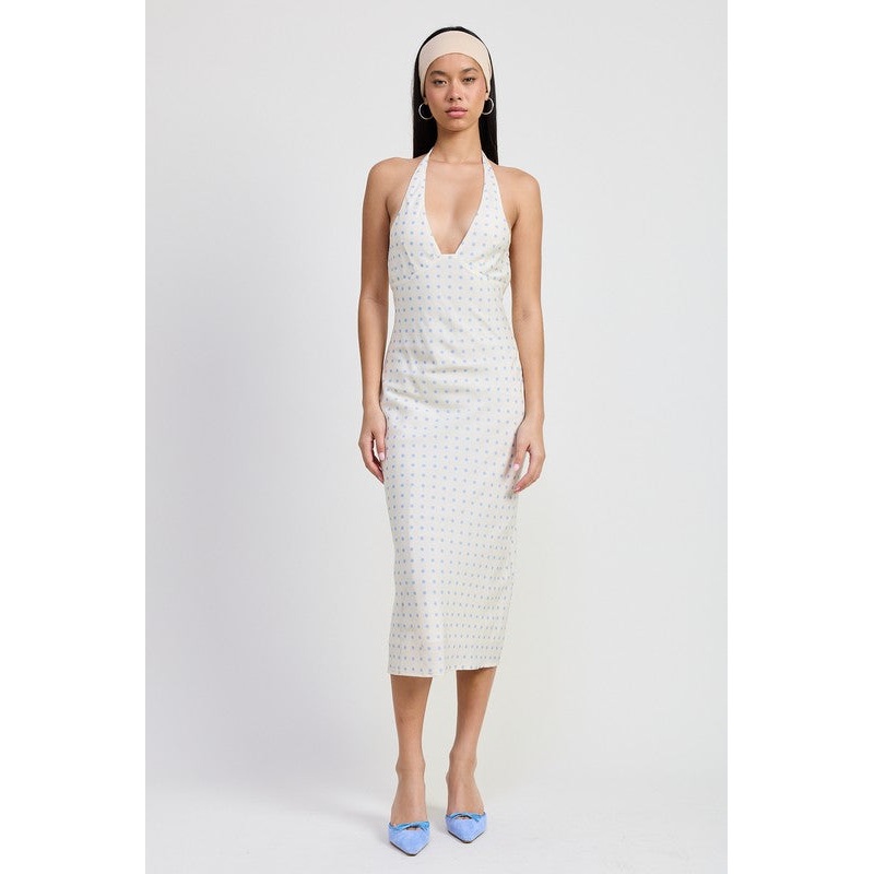 V NECK MAXI DRESS WITH NECK TIE