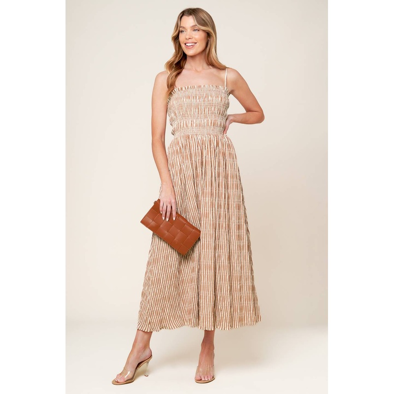 VALHALLA BROWN STRIPED WOVEN MIDI DRESS