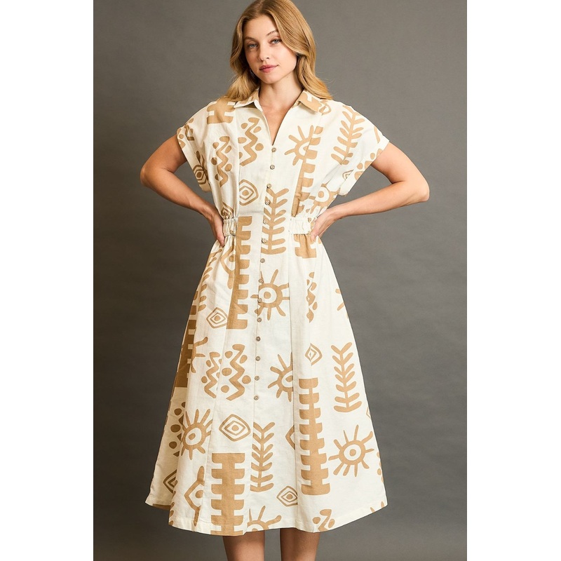 Abstract Print Elastic Waist Midi Dress Plus Size