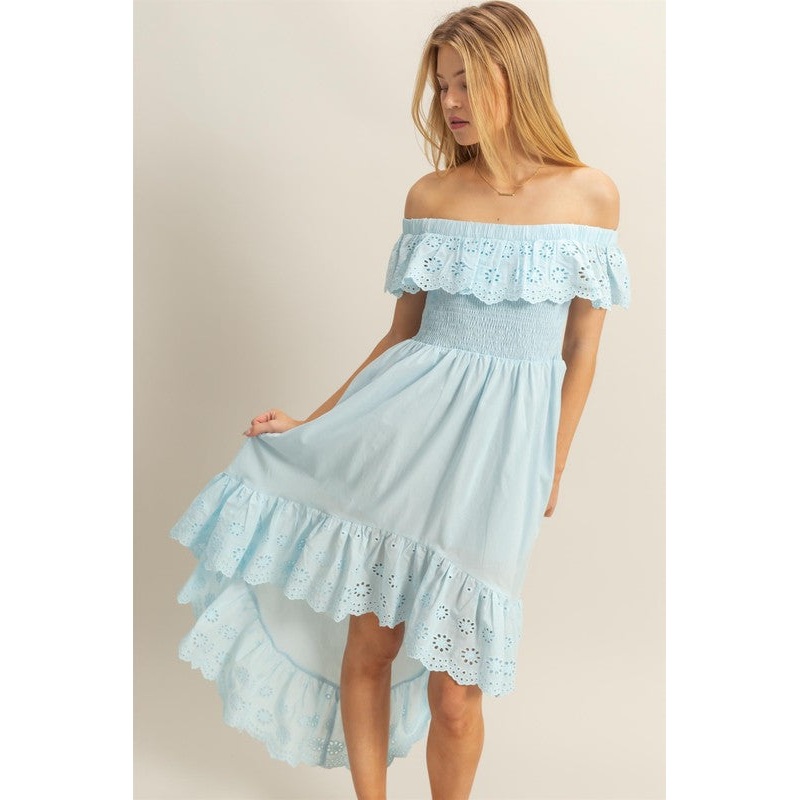 High-Low Eyelet Ruffled Off-Shoulder Dress