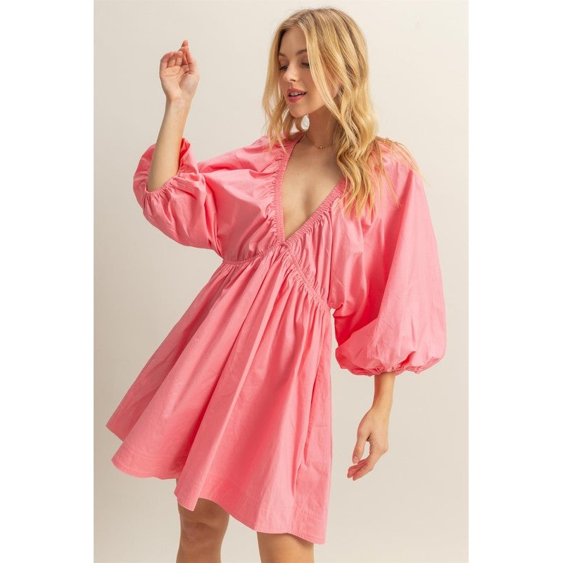 Plunge Balloon Sleeve Poplin Mini Dress with Pockets