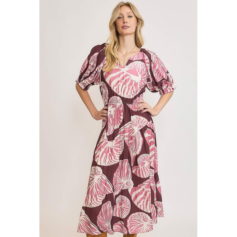 Printed Notched Puff Sleeve Midi Dress Plus Size