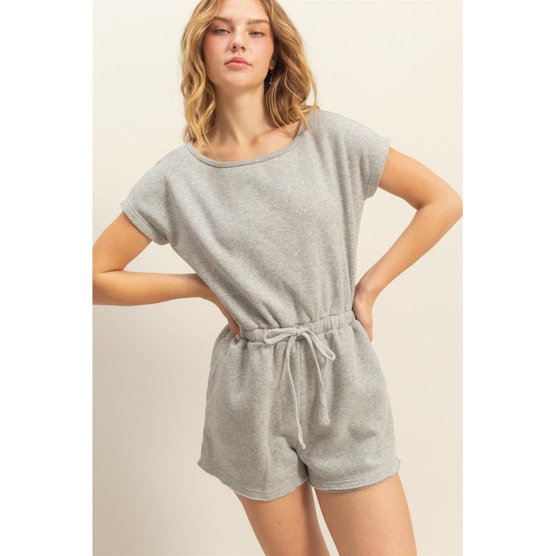 Round Neck Short Sleeve Drawstring Waist Romper