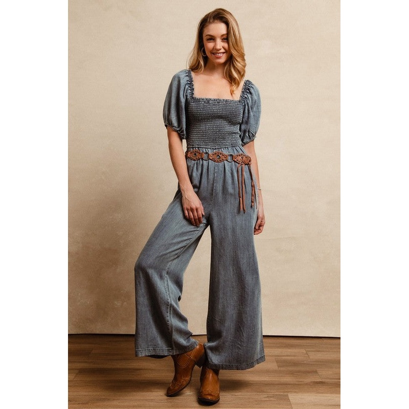 Smocked Washed Puff Sleeve Square Neck Denim Jumpsuit