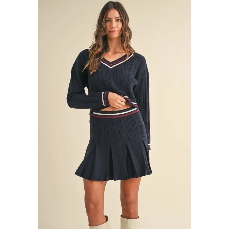 Cable-Knit Top and Pleated Skirt Sweater Set