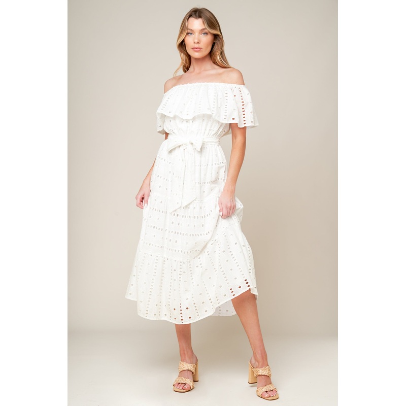 CATCHING MY BREATH EYELET MIDI DRESS