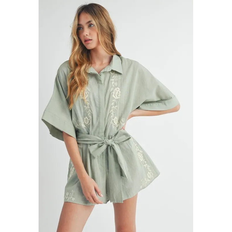 Embroidered Button Down Collared Neck Romper