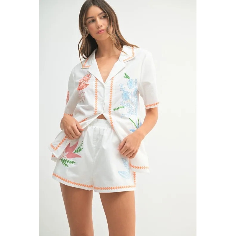 Embroidered Button Down Shirt and Shorts Set