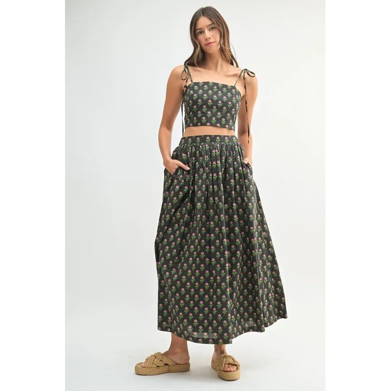 Floral Crop Top and Skirt Set|Black|M|L|S