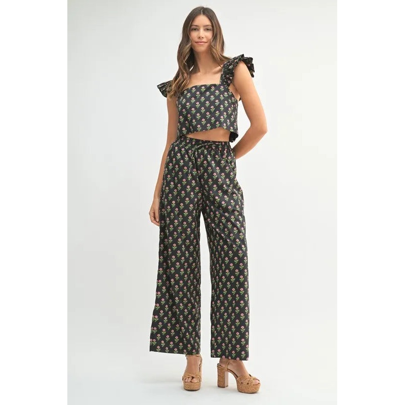 Floral Print Ruffle Top and Pants Set