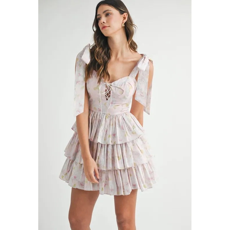 Floral Print Shoulder Tie Layered Mini Dress