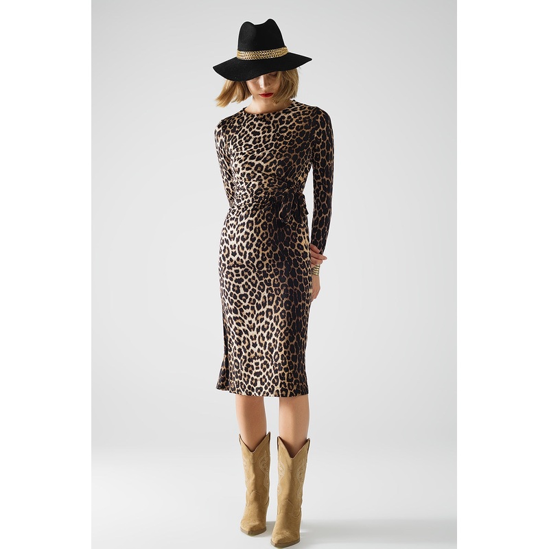 Leopard Print Spandex Dress With Bow Detail