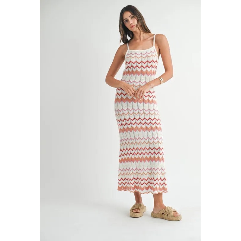Lightweight Pointelle Chevron Knit Maxi Dress