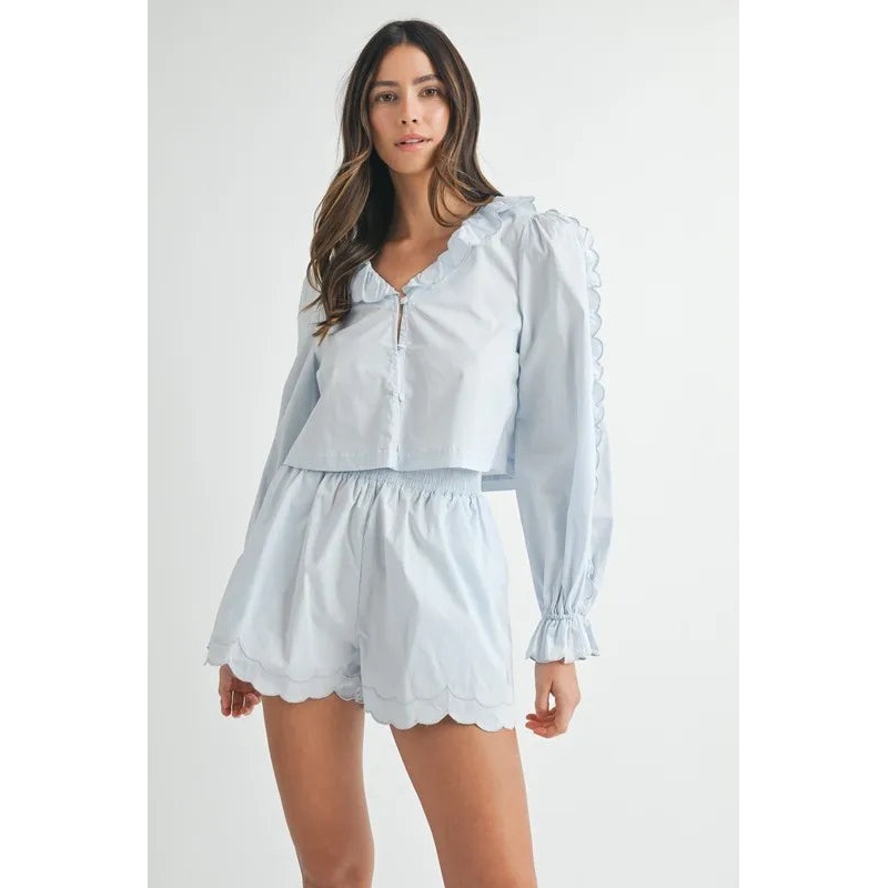 Long Sleeve Scallop Blouse and Shorts Set