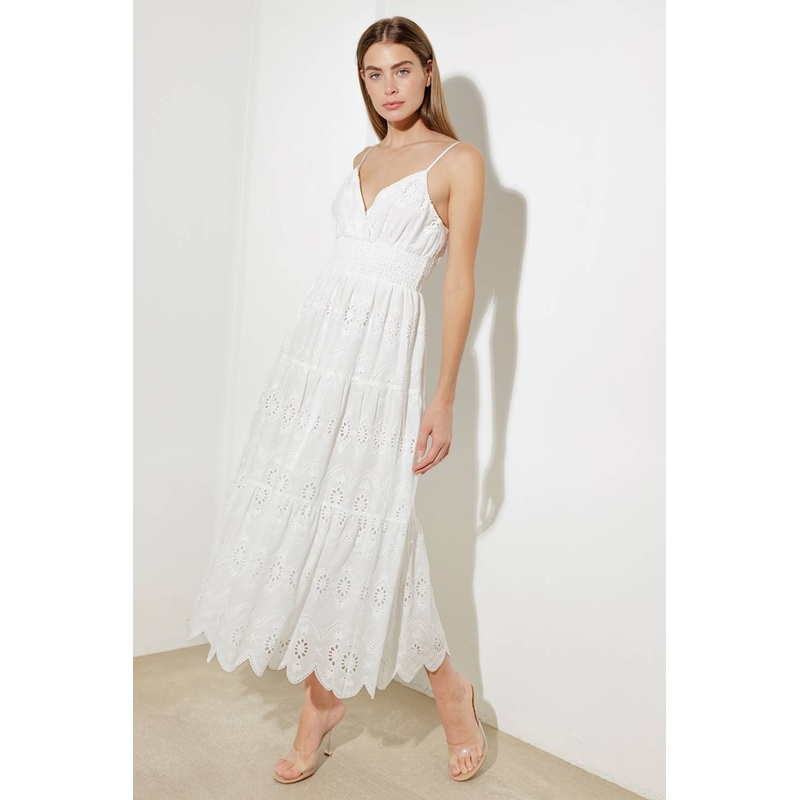 LUMINOUS BLISS WOVEN EYELET MIDI DRESS