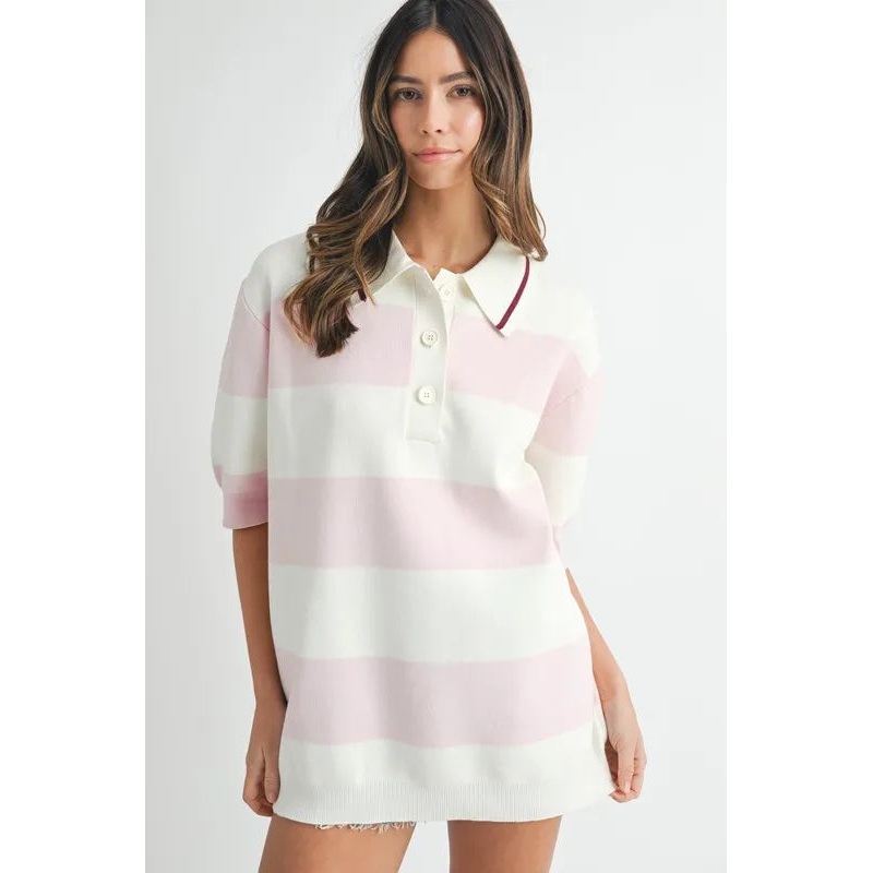 Oversized Stripe Polo Collar Sweater