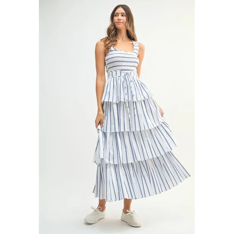 Pin Stripe Smocked Bodice Layered Midi Dress